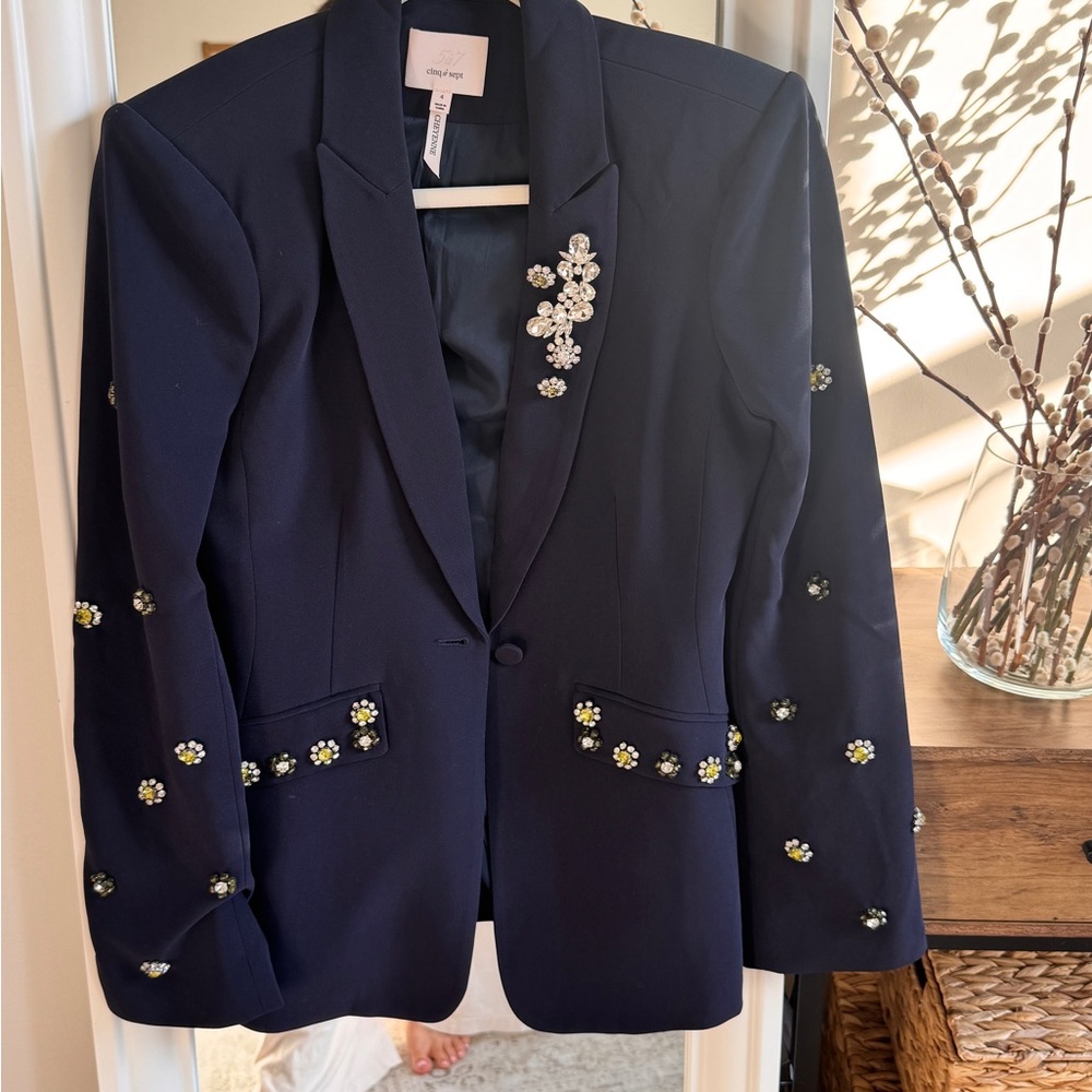Cinq à Sept Navy Blazer with Floral Embellishments